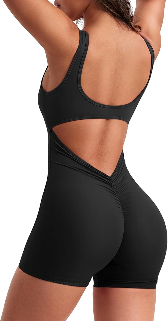 Women’s Backless Workout Jumpsuit - Sleeveless Tummy Control Romper