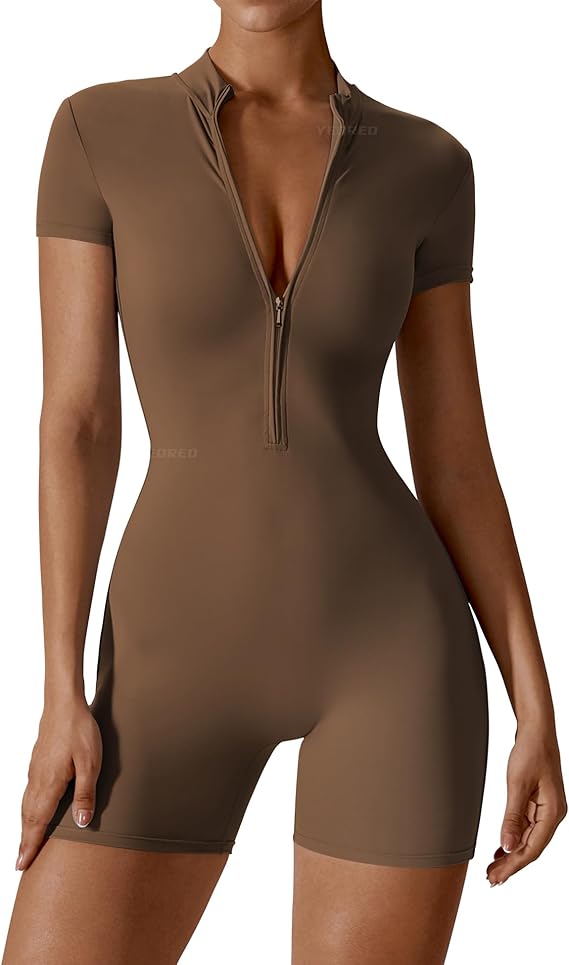 Short Sleeve Workout Jumpsuit - Zip-Up Bodycon Romper