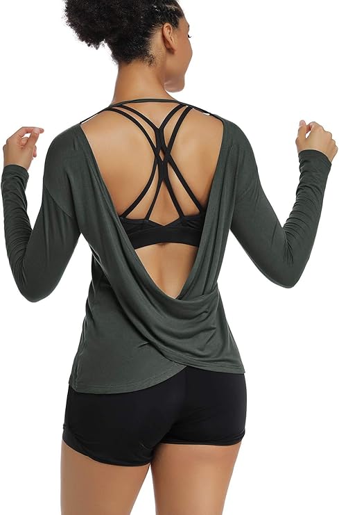 Muzniuer Women's Long Sleeve Cross Back Yoga Shirt