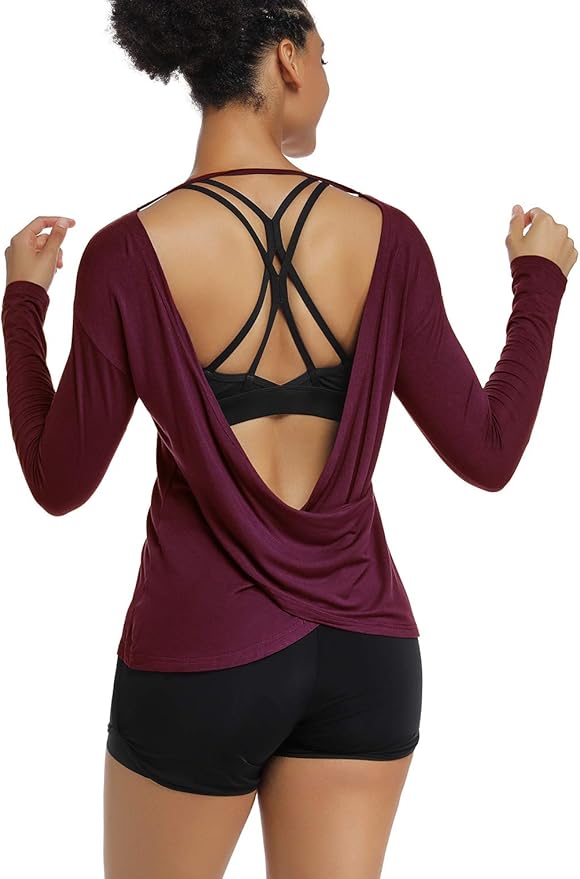 Muzniuer Women's Long Sleeve Cross Back Yoga Shirt