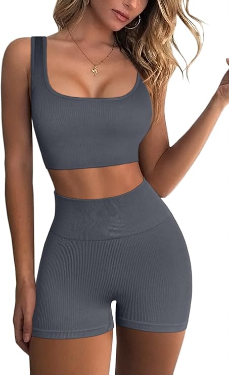 Workout Sets for Women - 2-Piece Seamless Ribbed Yoga Outfit