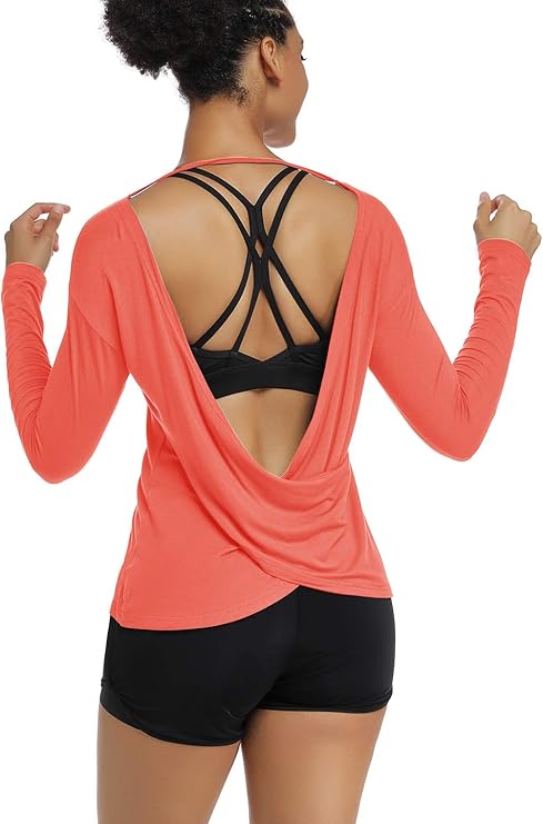 Muzniuer Women's Long Sleeve Cross Back Yoga Shirt