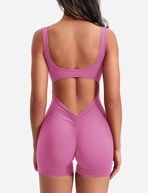 Women’s Backless Workout Jumpsuit - Sleeveless Tummy Control Romper