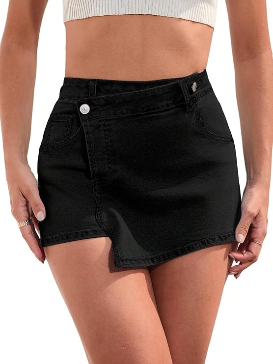 Lagobody High-Waisted Denim Skorts – Casual Split Hem Skirt Shorts