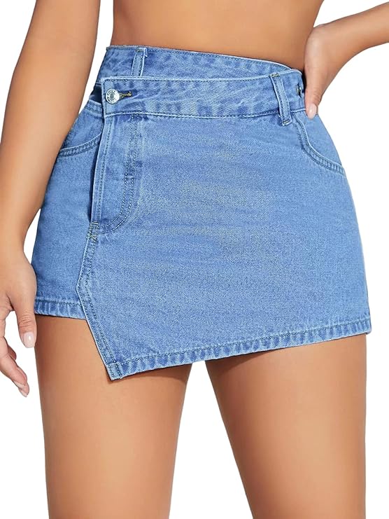 Lagobody High-Waisted Denim Skorts – Casual Split Hem Skirt Shorts