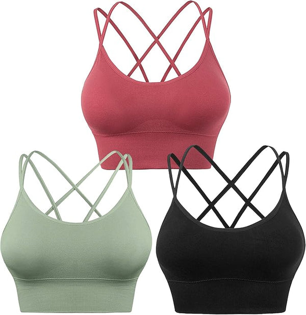 Cross Back Sports Bra - Padded Strappy Criss Cross Cropped Bras